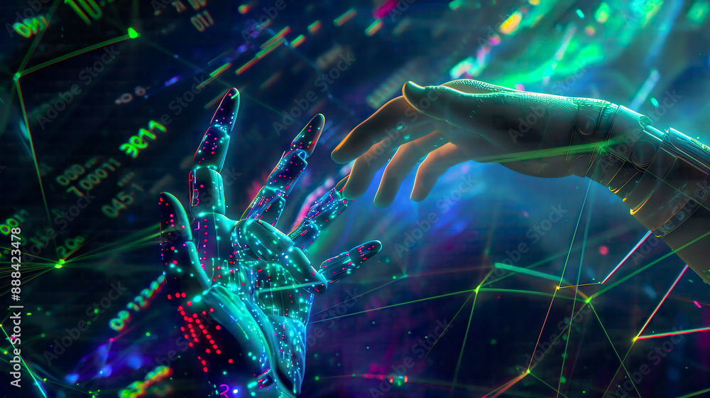 Human hand and robot hand nearing each other, with a background of interconnected data streams and numerical patterns