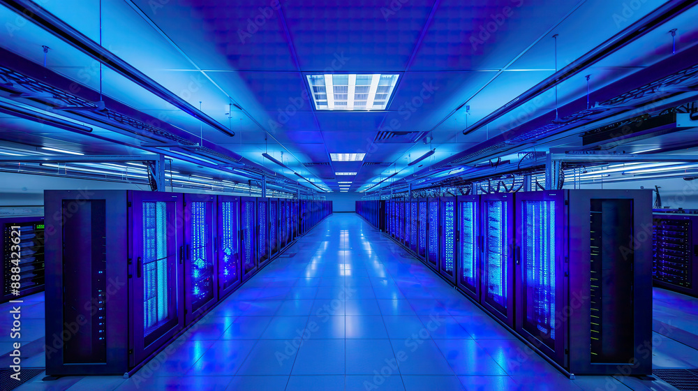 Fototapeta premium Landscape Photo of a Supercomputer, in a Data Center, with Cool Blue Lighting, from a Wide Angle, Conveying Power and Progress