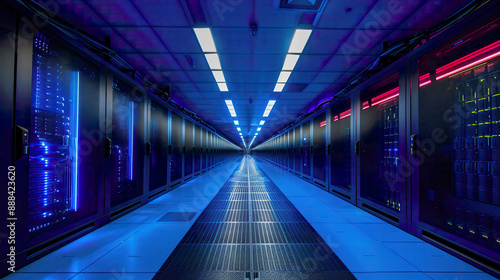 Landscape Photo of a Supercomputer, in a Data Center, with Cool Blue Lighting, from a Wide Angle, Conveying Power and Progress