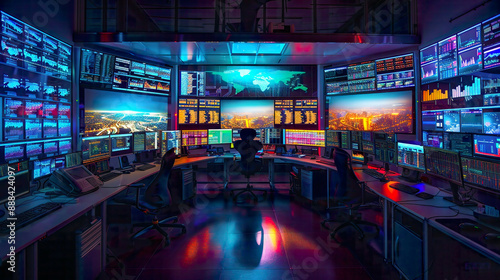 Night Photo of Cybersecurity Operations, in a Security Operations Center, with Glowing Monitors, from a Night Vision Angle, Conveying Vigilance and Protection