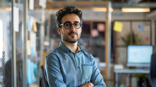 Portrait Photo of a Data Scientist, in a Tech Startup Office, with Natural Light, at a Low Angle, Reflecting Determination and Intellect