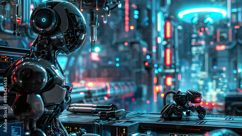 Realistic visualization of technology and engineering with intricate machinery and advanced robotics set futuristic cityscape and neon lights Realistic visualization of technology and engineering with intricate machinery and advanced robotics set futuristic cityscape and neon lights