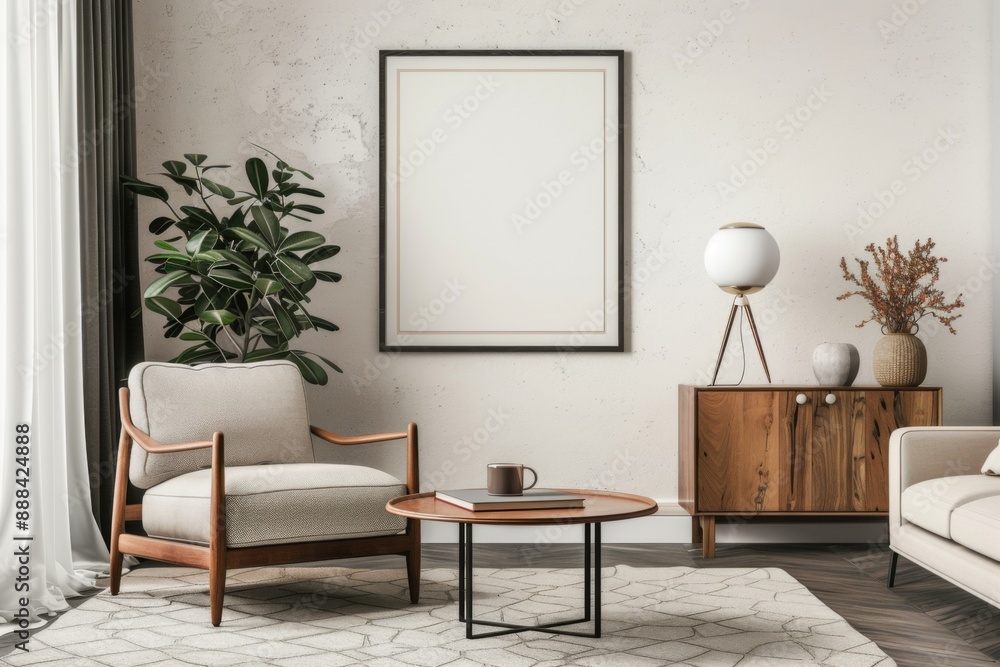 Modern living room with blank framed poster on wall, Mock up poster frame. Concept interior design Modern living room with blank framed poster on wall, Mock up poster frame. Concept interior design