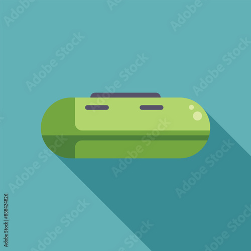 Green inflatable boat floating peacefully on calm, blue water