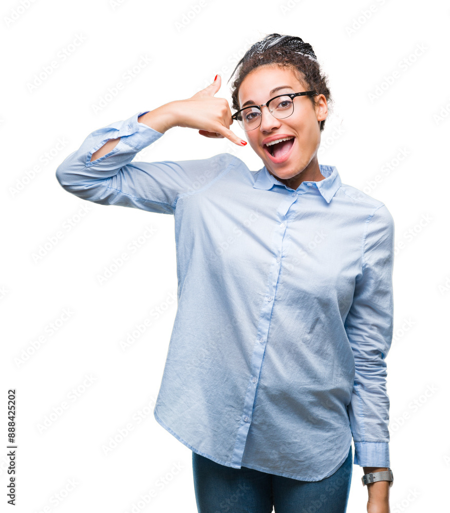 Young braided hair african american business girl wearing glasses over isolated background smiling doing phone gesture with hand and fingers like talking on the telephone. Communicating concepts. Young braided hair african american business girl wearing glasses over isolated background smiling doing phone gesture with hand and fingers like talking on the telephone. Communicating concepts.