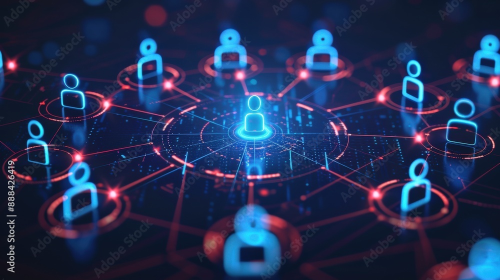 A group of people are connected to each other in a circle. The people are represented by small blue circles. Concept of community and connection among the people A group of people are connected to each other in a circle. The people are represented by small blue circles. Concept of community and connection among the people