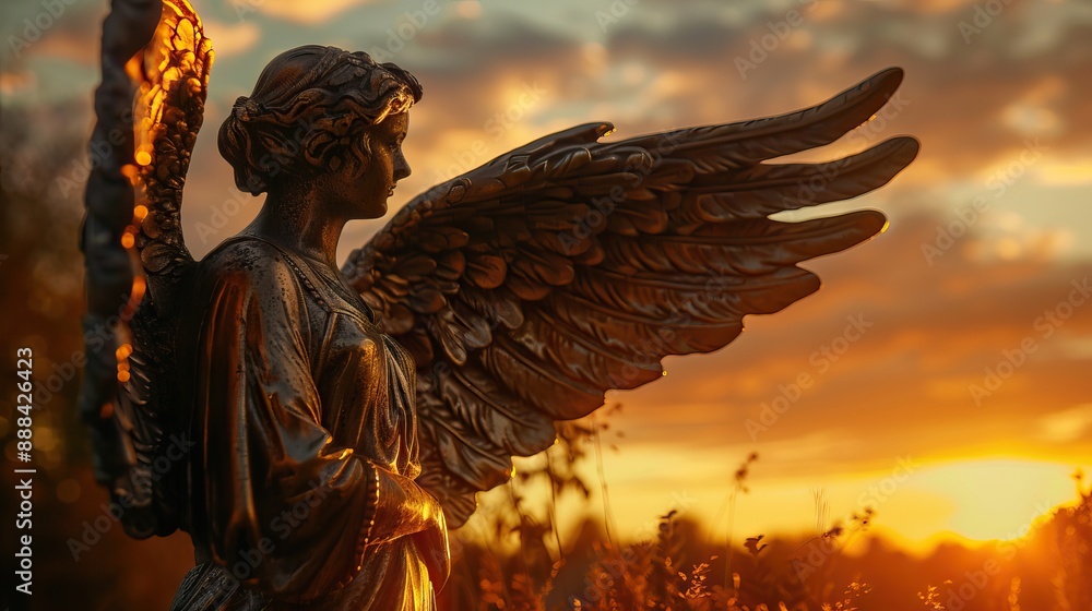 Fototapeta premium Bronze angel turned his back to the sunset. Square crop