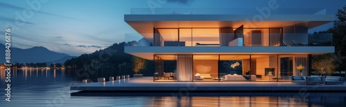 Modern Living Room With Large Windows Offering Sunset View Over Water