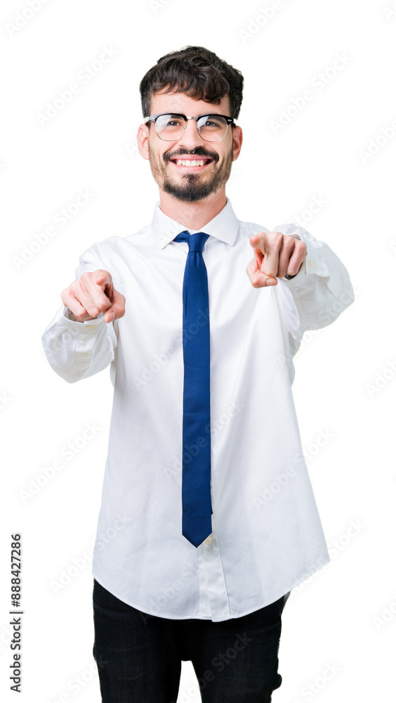 Young handsome business man wearing glasses over isolated background Pointing to you and the camera with fingers, smiling positive and cheerful Young handsome business man wearing glasses over isolated background Pointing to you and the camera with fingers, smiling positive and cheerful