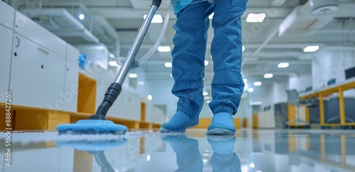 Worker Cleaning Floor in Modern Office Building