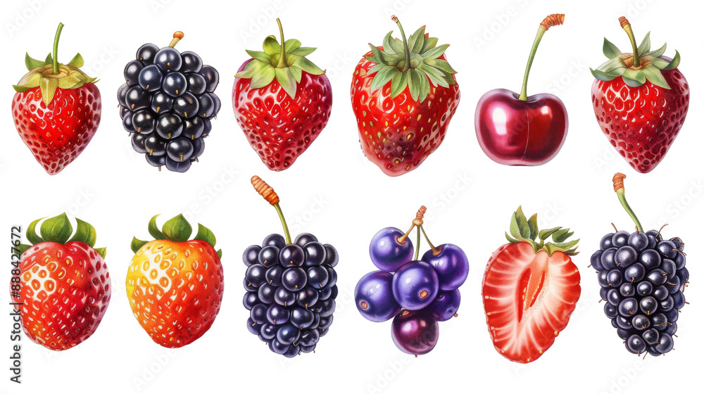 Colorful Collection of Various Berries. A vibrant collection of berries including strawberries, blackberries, gooseberries, and cherries, Rich colors and textures, isolated on a transparent background Colorful Collection of Various Berries. A vibrant collection of berries including strawberries, blackberries, gooseberries, and cherries, Rich colors and textures, isolated on a transparent background