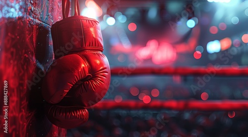 Red Boxing Glove Hanging in a Boxing Ring With Lights