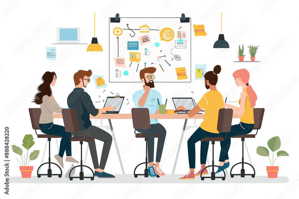 A group of people are sitting around a table with a whiteboard behind them, generative ai image. A group of people are sitting around a table with a whiteboard behind them, generative ai image.