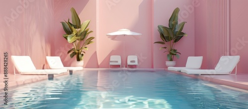 Modern Minimalist Poolside Patio With Pink Walls and White Loungers