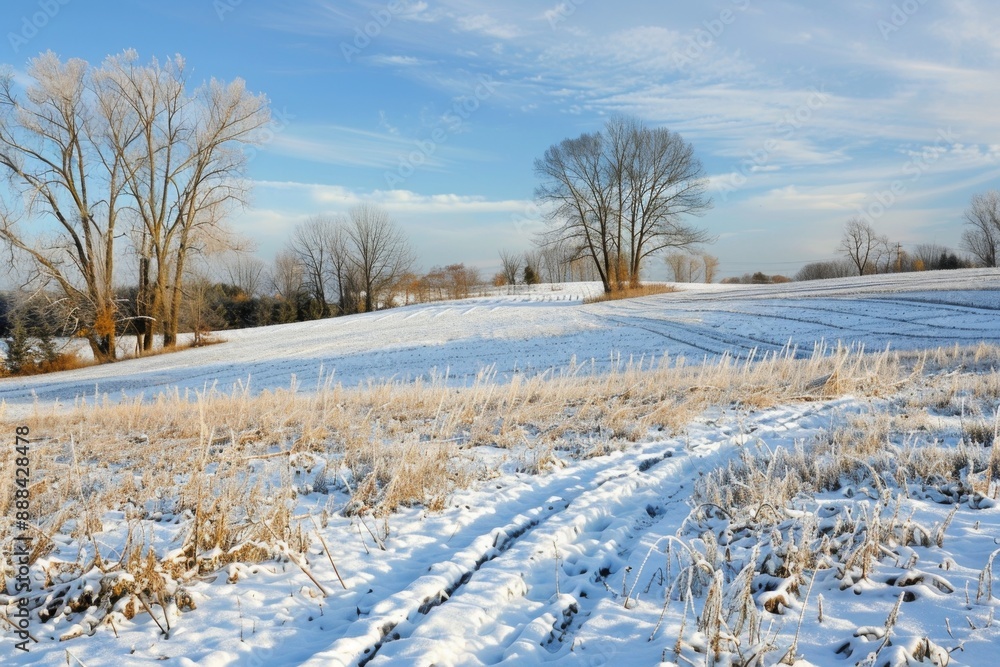 A snowy field with a few trees in the background
