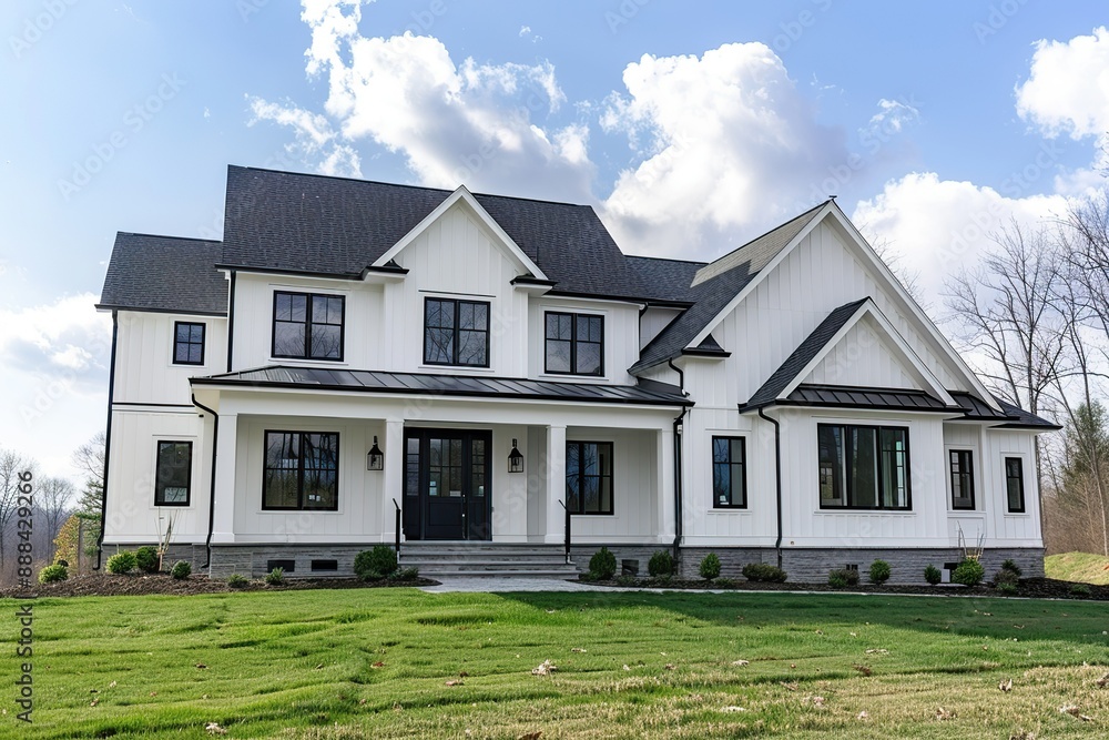 A large white house with a black roof and black trim A large white house with a black roof and black trim