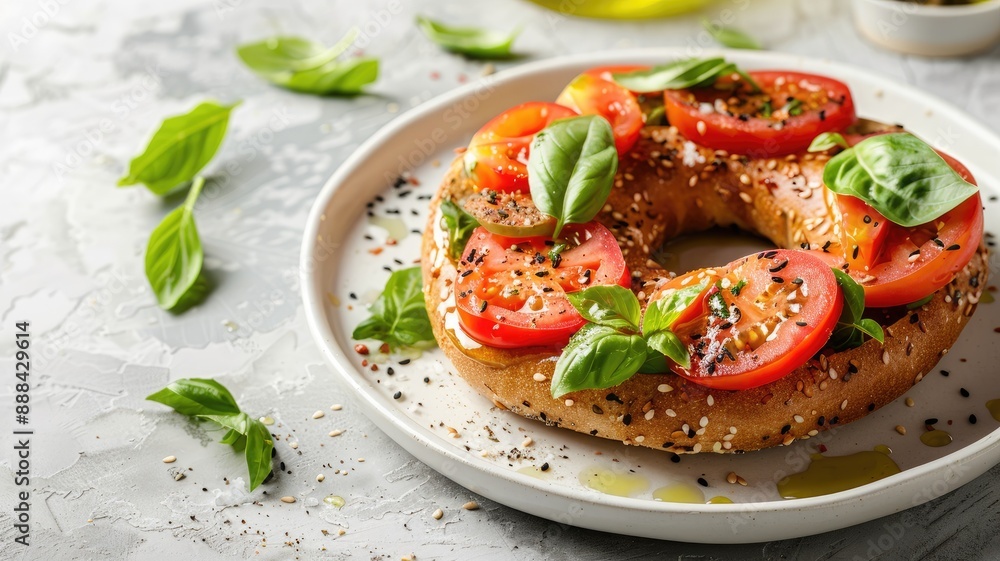 Fresh bagel topped with tomatoes, basil, and seeds on plate Fresh bagel topped with tomatoes, basil, and seeds on plate