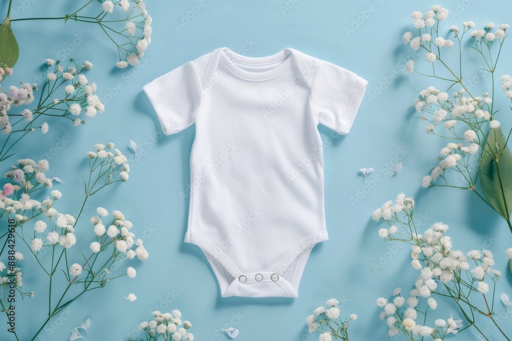 Blank white cotton baby bodysuit on pastel blue background with white flowers. Top view. Blank white cotton baby bodysuit on pastel blue background with white flowers. Top view.
