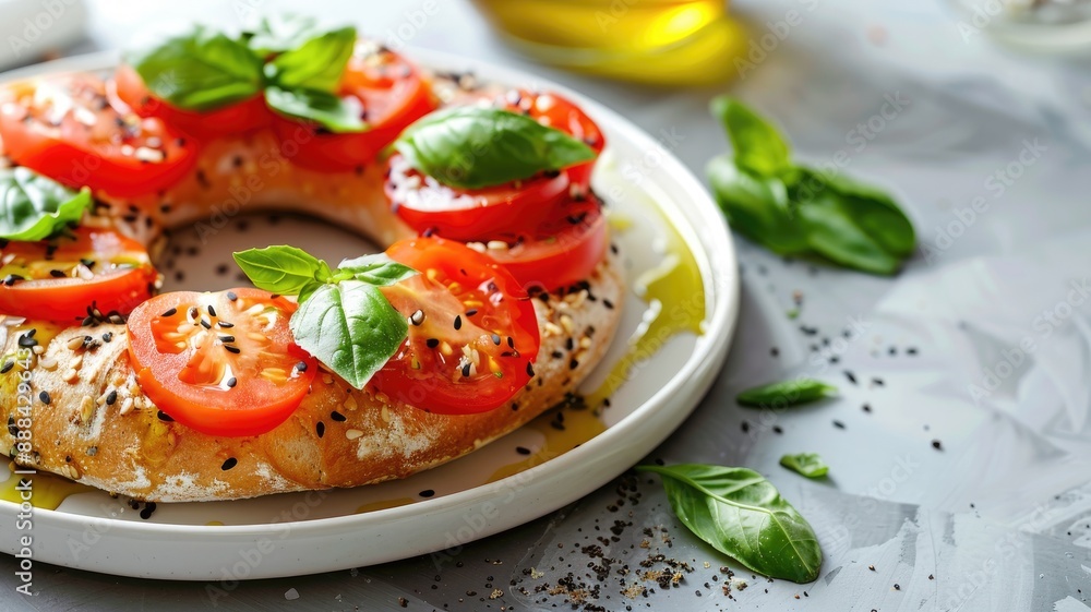 Tomato and basil on bagel ring with sesame seeds, drizzled olive oil white plate Tomato and basil on bagel ring with sesame seeds, drizzled olive oil white plate