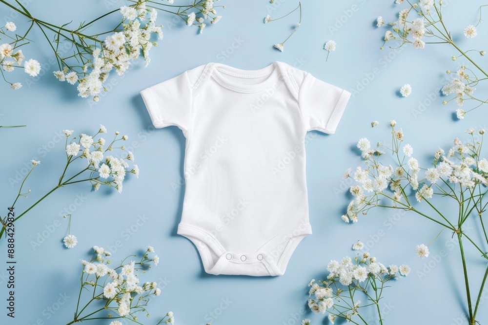 Blank white cotton baby bodysuit on pastel blue background with white flowers. Top view. Blank white cotton baby bodysuit on pastel blue background with white flowers. Top view.