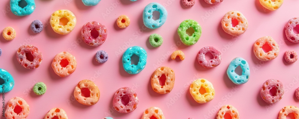 A row of colorful cereal pieces are arranged in a line. A row of colorful cereal pieces are arranged in a line.