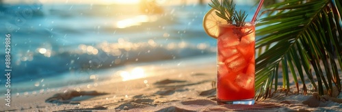 Refreshing Iced Drink on a Tropical Beach at Sunset