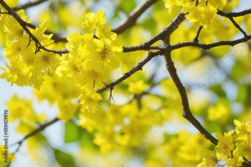 Yellow flowers tree on blue sky background