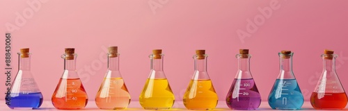 Eight Glass Flasks Filled With Colorful Liquids on a Pink Surface