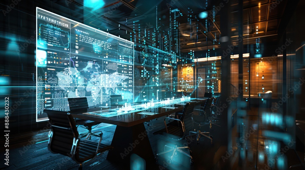 custom made wallpaper toronto digitalconceptual image of a virtual meeting room for treasury management discussions, with digital data floating around as holograms