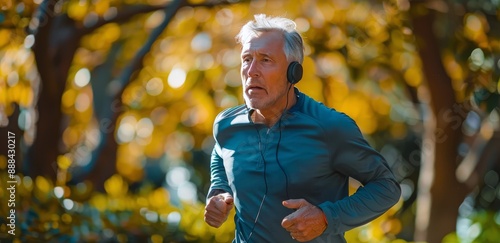 Senior Man Running Through Fall Foliage While Listening to Music