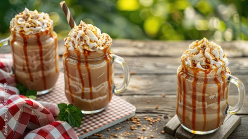 Caramel frappes topped with whipped cream and caramel drizzle on wooden table, surrounded by green foliage