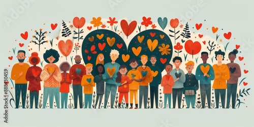 Diverse Group of People Holding Hearts in a Floral Setting