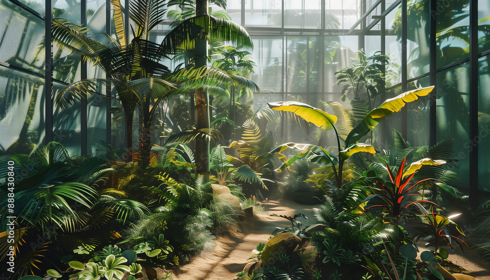 Fototapeta premium A forest where trees and plants grow behind glass and Sunlight is reflected in the leaves. Generative AI