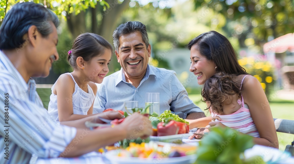 A family of three generations is enjoying a summer garden party. They sit at a table in the backyard, sharing a meal together.
