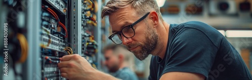 Man Working on Server Rack in Data Center