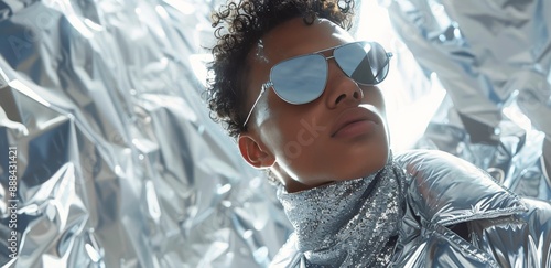 A Man in a Silver Jacket and Sunglasses Stands in a Field of Shiny Material