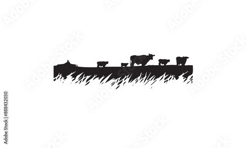 Cattle Angus Cow & Grass silhouette livestock farm black logo design on white background