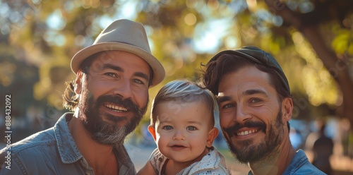 Two Happy Fathers and Their Baby Son Smile for a Photo in Sunny Outdoors