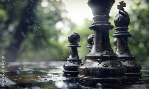 Dark Elegance of Chess Pieces in a Rainy Garden