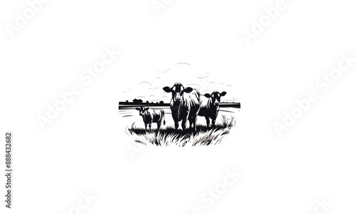 Cattle Angus Cow & Grass silhouette livestock farm black logo design on white background