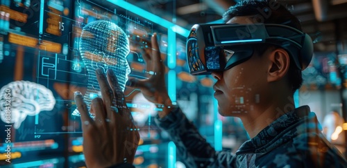 Man Wearing Virtual Reality Headset Interacts With Holographic Brain Model