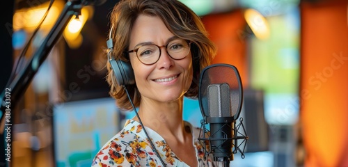 Woman Recording Podcast With Microphone and Headphones in Studio