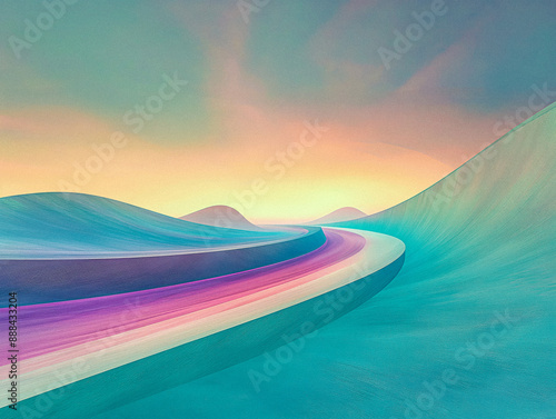 Surreal Landscape with Vibrant Pastel Colors and Abstract Flowing Hills under a Soft Gradient Sky at Sunrise
