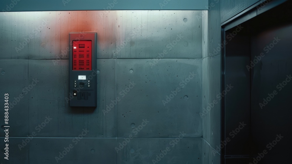 Modern, sleek intercom system mounted on concrete wall beside elevator Modern, sleek intercom system mounted on concrete wall beside elevator