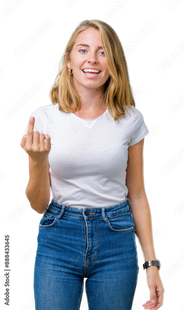 Beautiful young woman wearing casual white t-shirt over isolated background Beckoning come here gesture with hand inviting happy and smiling Beautiful young woman wearing casual white t-shirt over isolated background Beckoning come here gesture with hand inviting happy and smiling