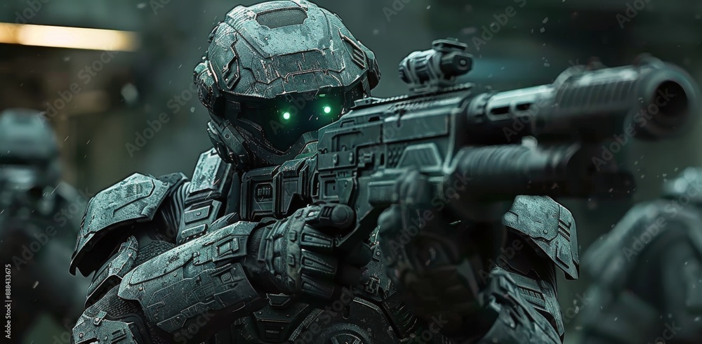 Fototapeta premium Futuristic Soldier Aiming Weapon in Urban Environment