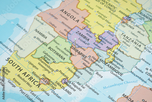 Close up to a Bulawayo city with a white pin needle into Zimbabwe country political map 