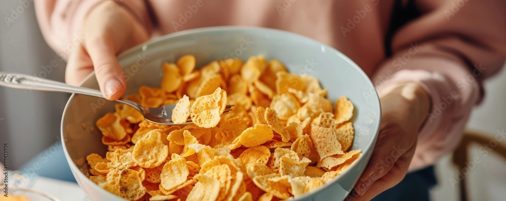 A bowl of corn flakes is on a table. A bowl of corn flakes is on a table.