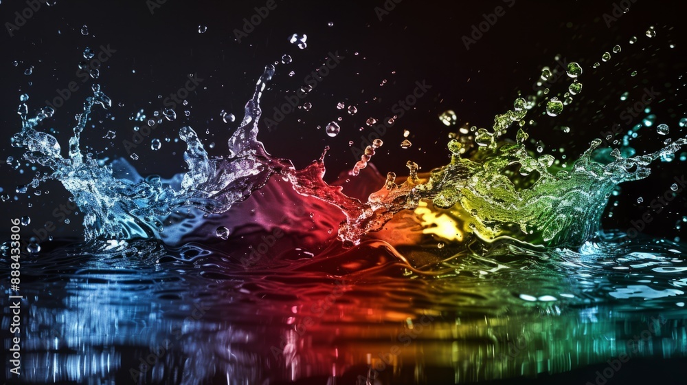 Colorful water splash on a black background to create a dramatic and vibrant contrast. generative ai Colorful water splash on a black background to create a dramatic and vibrant contrast. generative ai