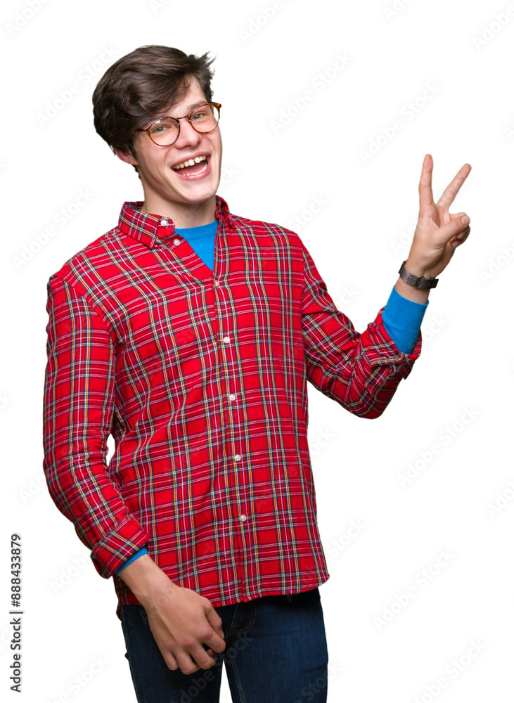 Young handsome man wearing glasses over isolated background smiling with happy face winking at the camera doing victory sign. Number two. Young handsome man wearing glasses over isolated background smiling with happy face winking at the camera doing victory sign. Number two.